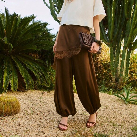 Pants - Brown Casual Wide-Leg Women's Flowy Pants with Lace Hem